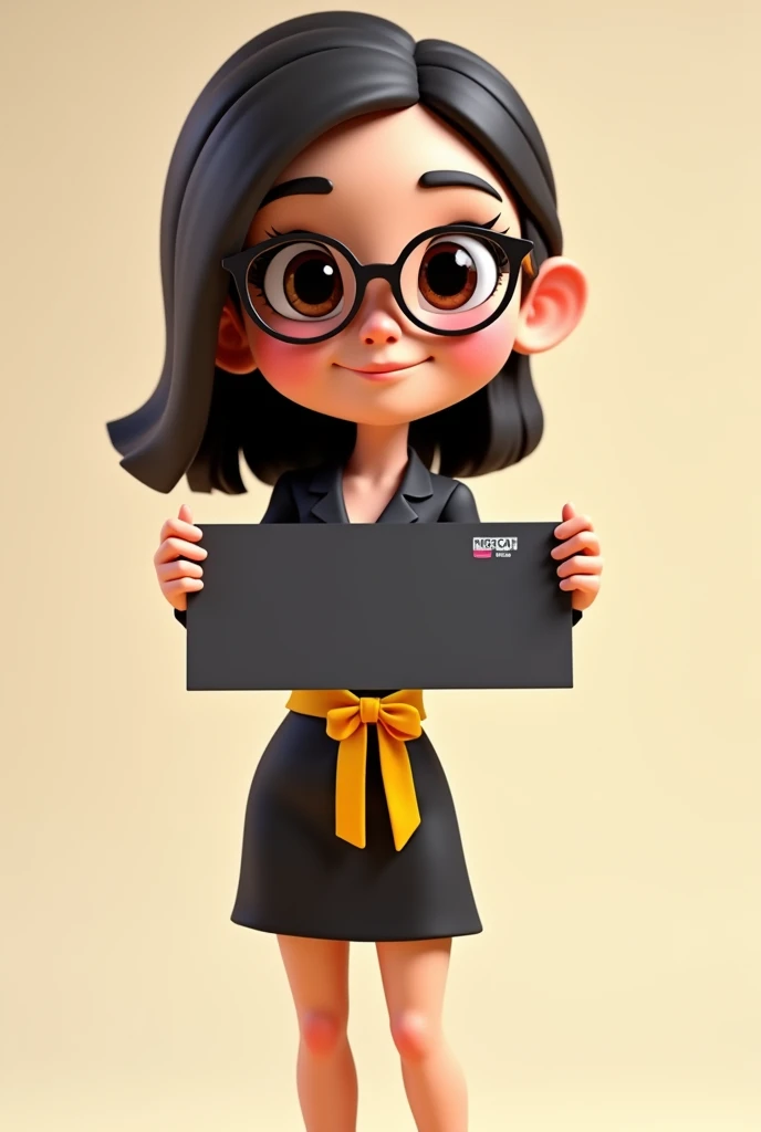 A full body 3D cartoon character. She has a friendly, charismatic appearance and smiles. The character is a young woman with fair skin, straight dark brown hair, thick eyebrows, large brown eyes and wears glasses. His demeanor is cheerful. The character is dressed formally, wearing a black dress with a yellow sash at the waist.
She is holding a banner with credit card names on it. The background of the image is neutral, which highlights the character even more.