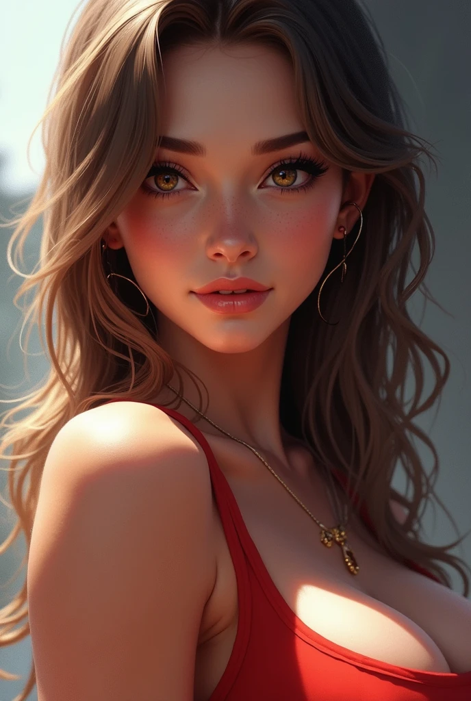 Create a bold, striking thumbnail featuring a close-up of a confident face with a focus on a well-defined, attractive physique. Highlight the strength and appeal with dynamic lighting and a clean background to make the body stand out. Girl sexy hot fugure not bikini on skiny dress not anime character real life character 
