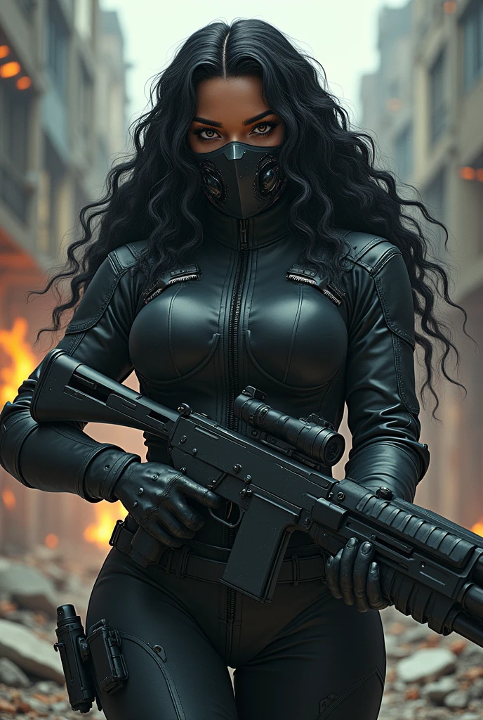 black girl, gorda, long curly hair, Cyberpunk mask and suit, Apocalypse, heavy artillery, black eyes, STEAMER, anime, cheered up, annoyed