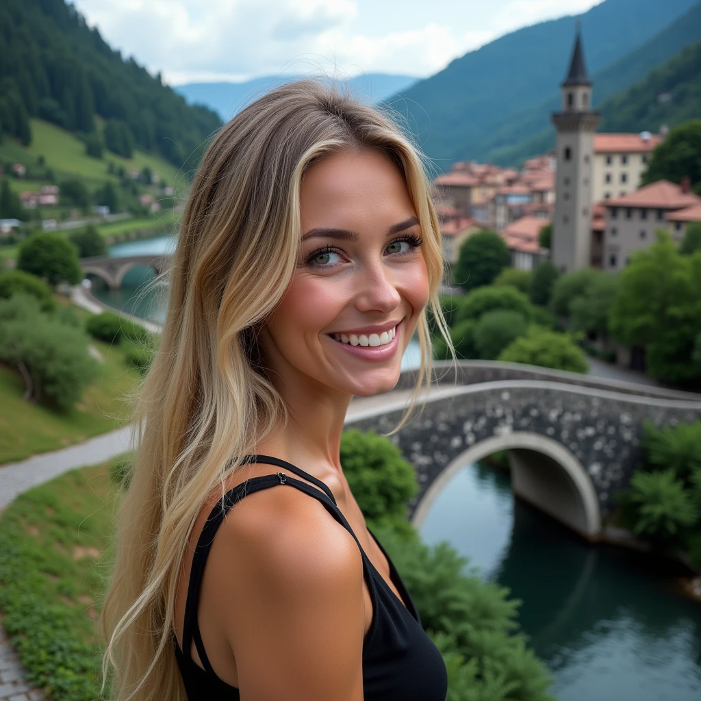 hyperealistic photo A full body shot of Photo of A beautiful woman with long, blonde hair A smile on the lips The small stone bridge over the river in Valsesia, Italy is made of black and white rocks with green vegetation on both sides. In background there's another town surrounded by trees and buildings. High angle overhead view, drone perspective, real photography style, super high definition. The background features clear sky blue and natural scenery The full-body shot was Realistic, detailed. ultra-realistic photograph captured, high-resolution quality ,detailed face, 8k