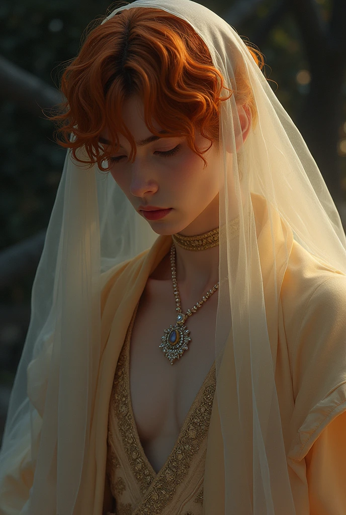 in his internal scream, Yeonjun looks down at the ground with regret, while his thin and slender body is dressed in fine and elegant silk fabrics. Precious jewels surround her neck and a boanco veil covers her face. Her deep orange hair can be seen under the fabric. He is a young man. 