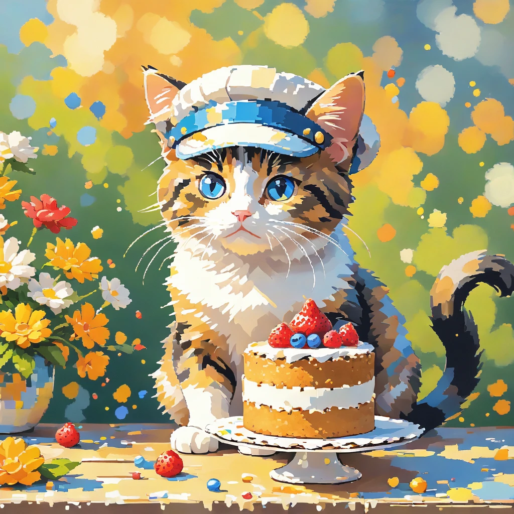 Cat in a painter's hat, pixel,cake