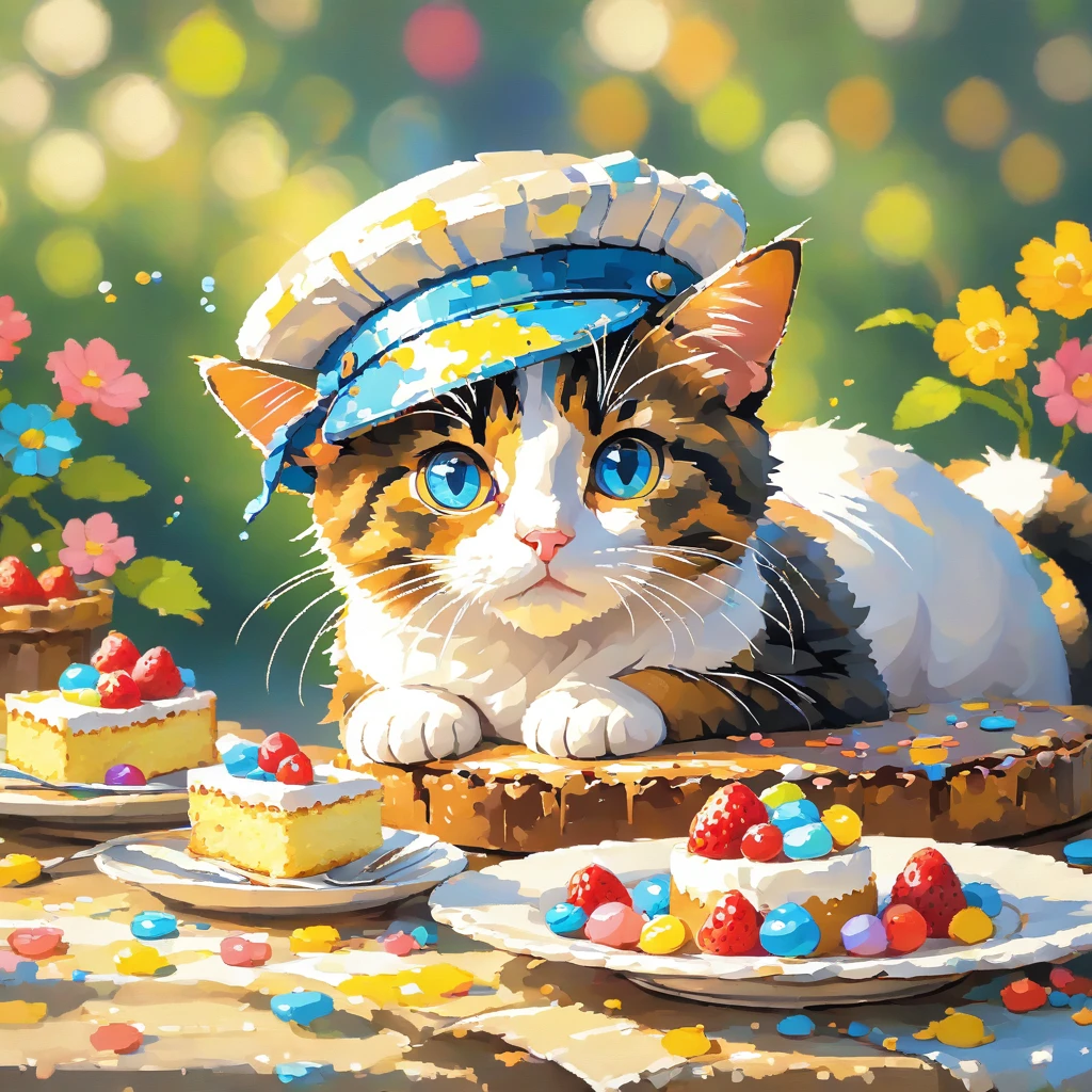 Cat in a painter's hat, pixel,cake