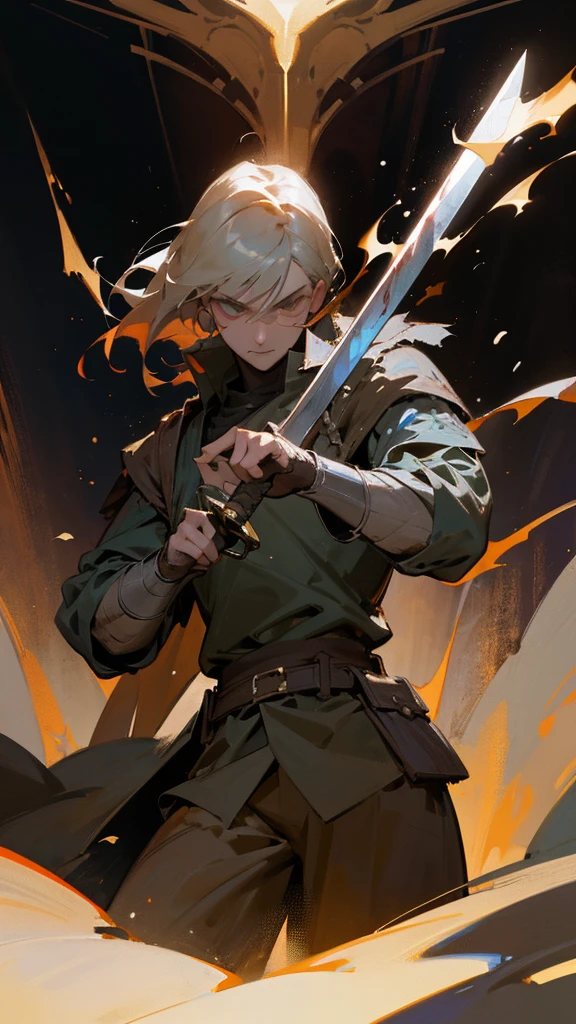 epic battle scene, man with sword, blood and gore, grim expression, medium shot, medieval warrior with sword, dynamic pose, man 40 years old, wearing simple shirt with belt and loose brown pants, мужчина замахивается для удара, большой двуручный меч в руках, мужчина смотрии вперед, сосредоточенный взгляд, dynamic effects, medieval, fantasy,dramatic lighting, atmosphere,cinematic composition,highly detailed ,piercing eyes,detailed musculature,weathered skin,tattered clothing,dirt and grime,blurring in background,volumetric lighting,dramatic shadows,cinematic color grading