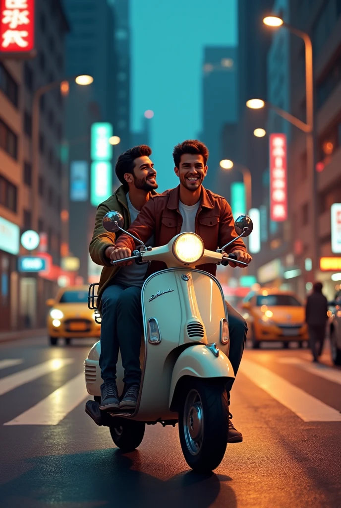 Two male bestfriend driving a scooter in evening time in city area