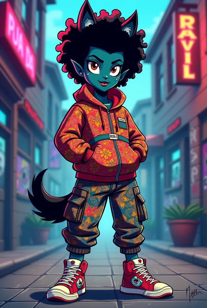 Create a redesign for Clawd Wolf [Monster High] using streetwear style mixed with Afro Brazilian style [Cartoon Style]