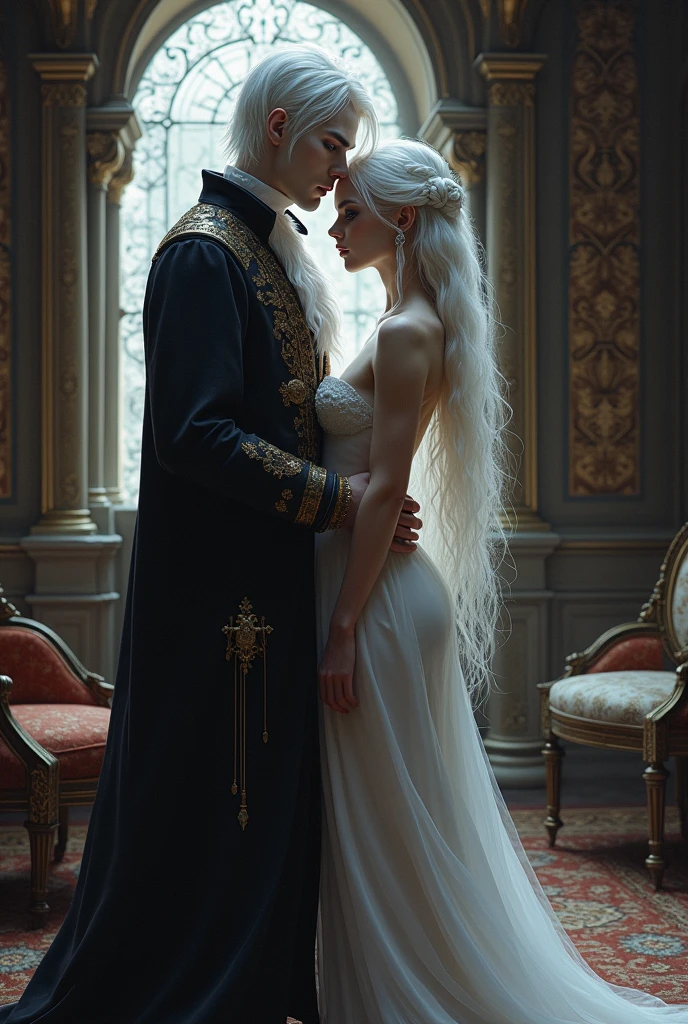 make a young girl with long white hair, purple eyes, very pale white skin, very beautiful and sexy, half naked, in a mwdieval room from the middle ages, next to him a very tall man, purple eyes and pearly white hair with pale white skin