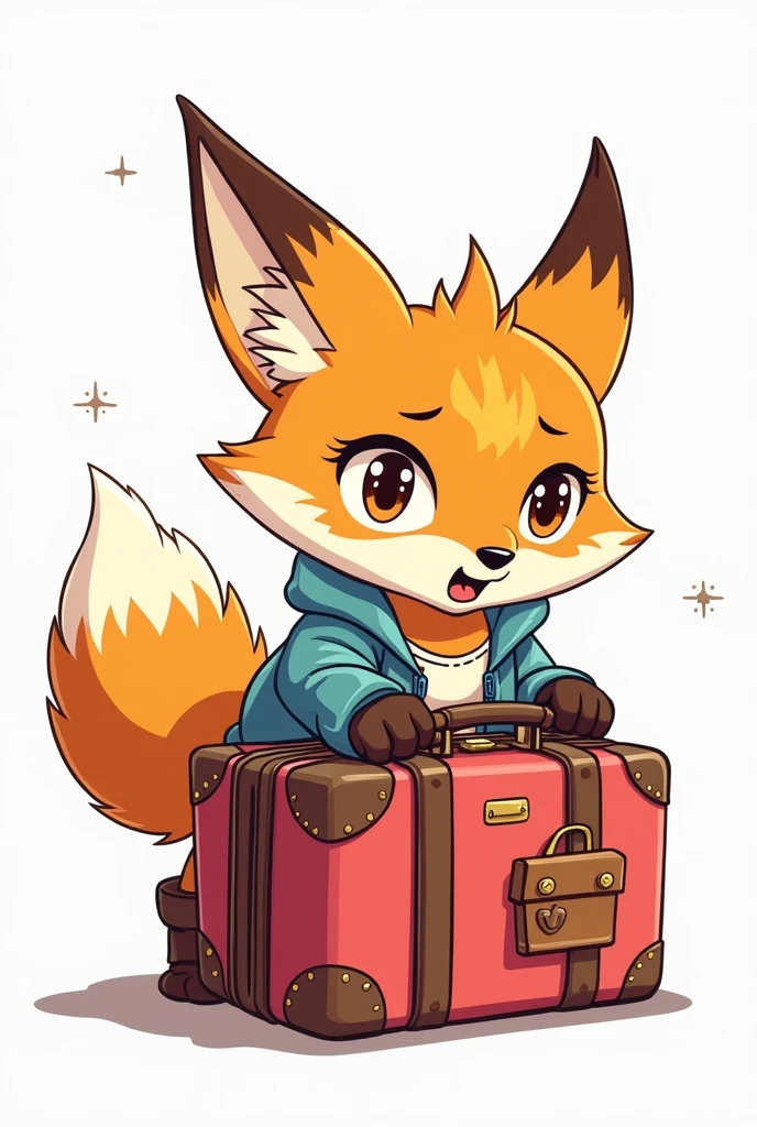 Male young fox as a cartoon character with brown eyes packs his suitcase and can not close it, without background