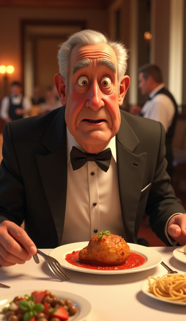 old man dropping food on his shirt while dinning in a restaurant,  pixar style, cinematic, masterpiece, high-aesthetic, portrait 