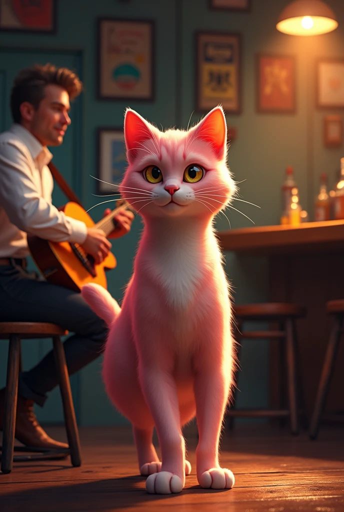 A beautiful cat with golden eyes and pink colour go in bar tell the owner male with white clothes for job of playing guitar
