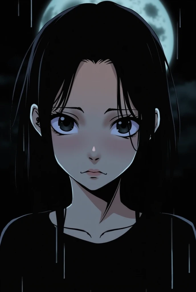 full moon, beautiful girl, ((best quality masterpiece) Better resolution)) ((annoyed)) ((black eyes)) ((rainy night))
