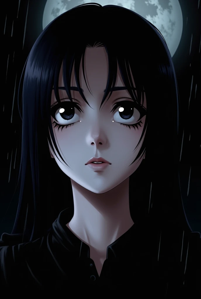 full moon, beautiful girl, ((best quality masterpiece) Better resolution)) ((annoyed)) ((black eyes)) ((rainy night)) 