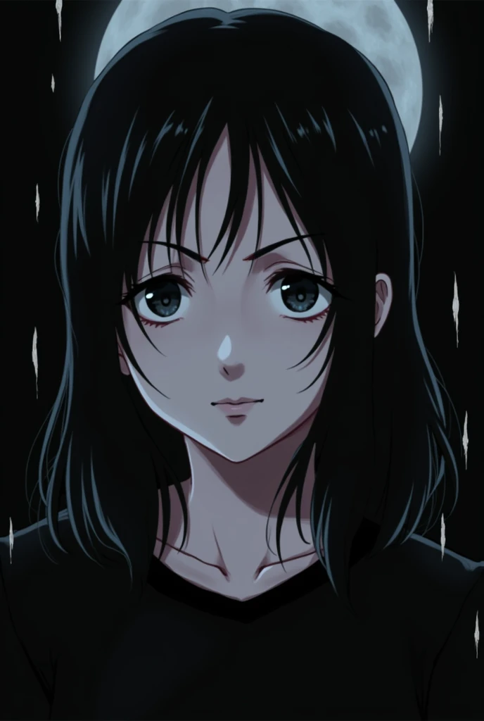 full moon, beautiful girl, ((best quality masterpiece) Better resolution)) ((annoyed)) ((black eyes)) ((rainy night))