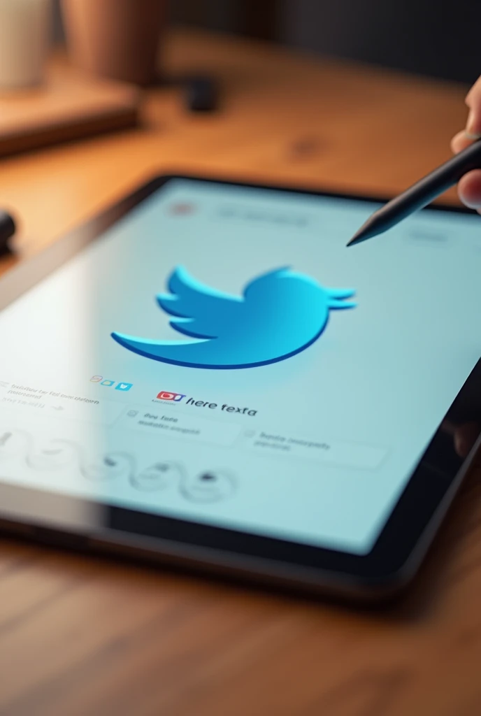 A close-up view of a tablet or digital drawing device displaying the Twitter interface and logo. The screen shows a 3D rendered light blue Twitter bird mascot against a white background. The Twitter feed layout is visible below the bird, with placeholder text for tweets and user profiles. The image has a warm, wood-toned surface visible around the edges of the device.
This prompt captures the key elements of the image - the device, the Twitter interface, the 3D bird mascot, and the overall composition - without including the hand, pen, or specific details of the bird itself as requested.