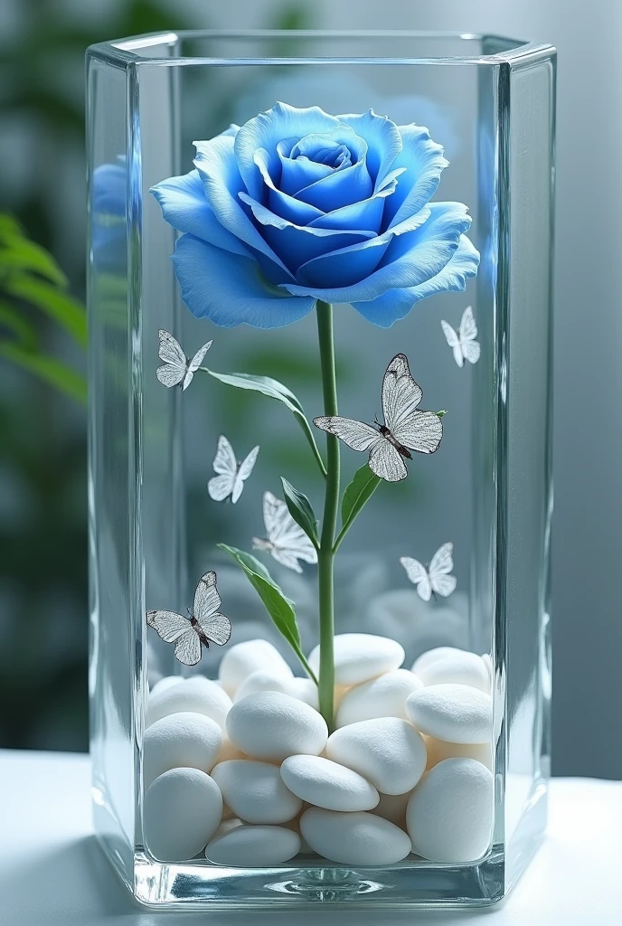Square glass jar with a blue rose, white stones and silver erflies inside the jar