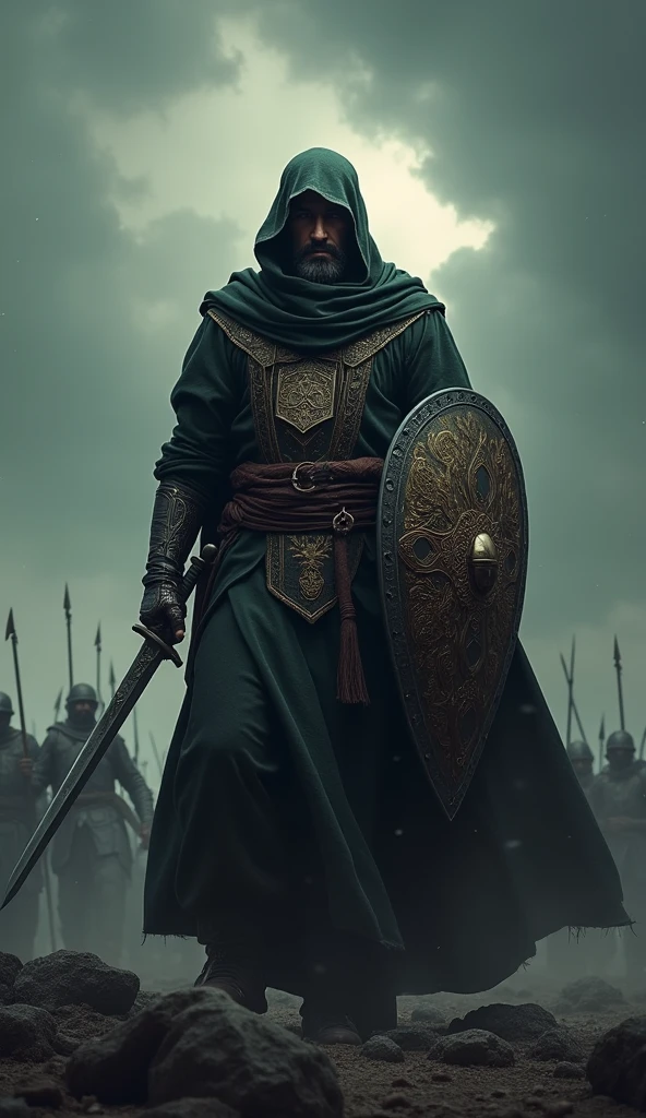 A Muslim warrior stands like a hero with sword and shield in front of his enemies on the battlefield the image is dark and mysterious 