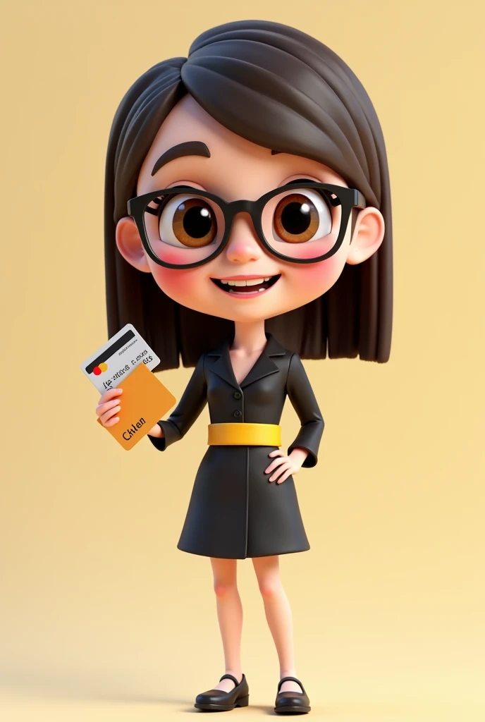 A full body 3D cartoon character. She has a friendly, charismatic appearance and smiles. The character is a young woman with fair skin, straight dark brown hair, thick eyebrows, large brown eyes and wears glasses. His demeanor is cheerful. The character is dressed formally, wearing a black dress with a yellow sash at the waist.
She is holding a banner with credit card names on it. The background of the image is neutral, which highlights the character even more.