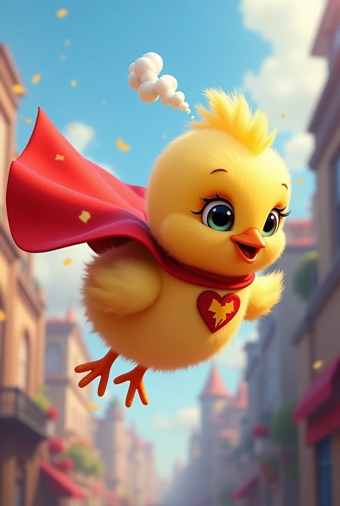 Create a Pixar cover of a flying chick, in red cape, blowing smoke.
