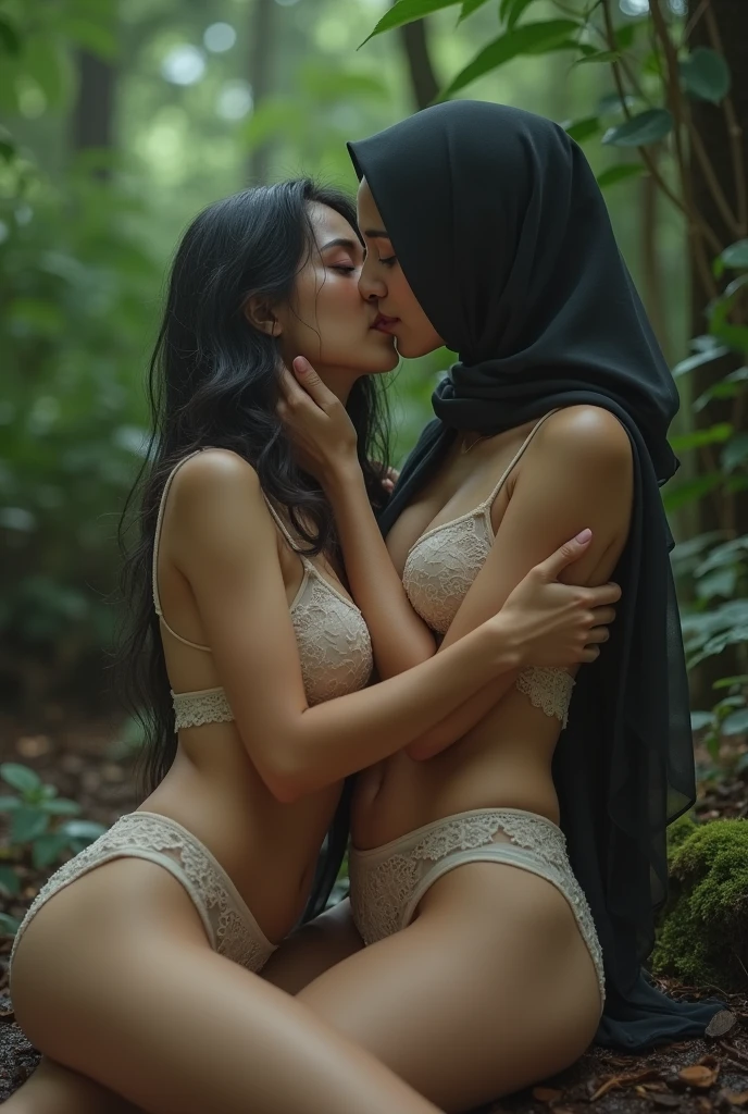 extreme close up kissing beautiful hijab asian lesbian girl laying down,bra and panties,in the Wood,lesbian sex,raining,huge breast,,zoom lips