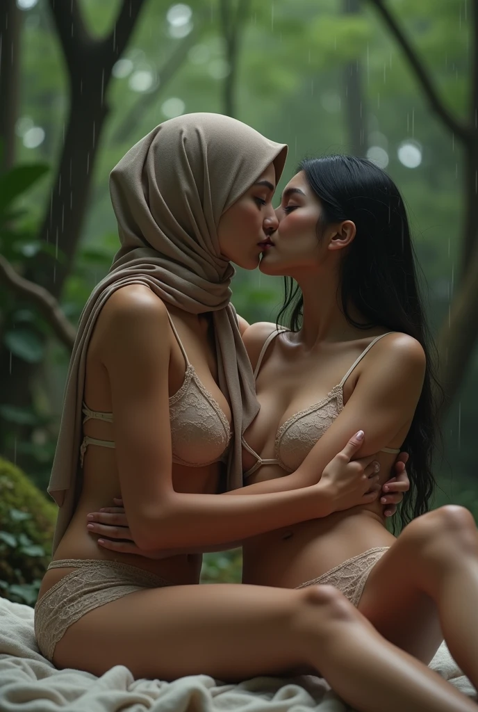 extreme close up kissing beautiful hijab asian lesbian girl laying down,bra and panties,in the Wood,lesbian sex,raining,huge breast,,zoom lips