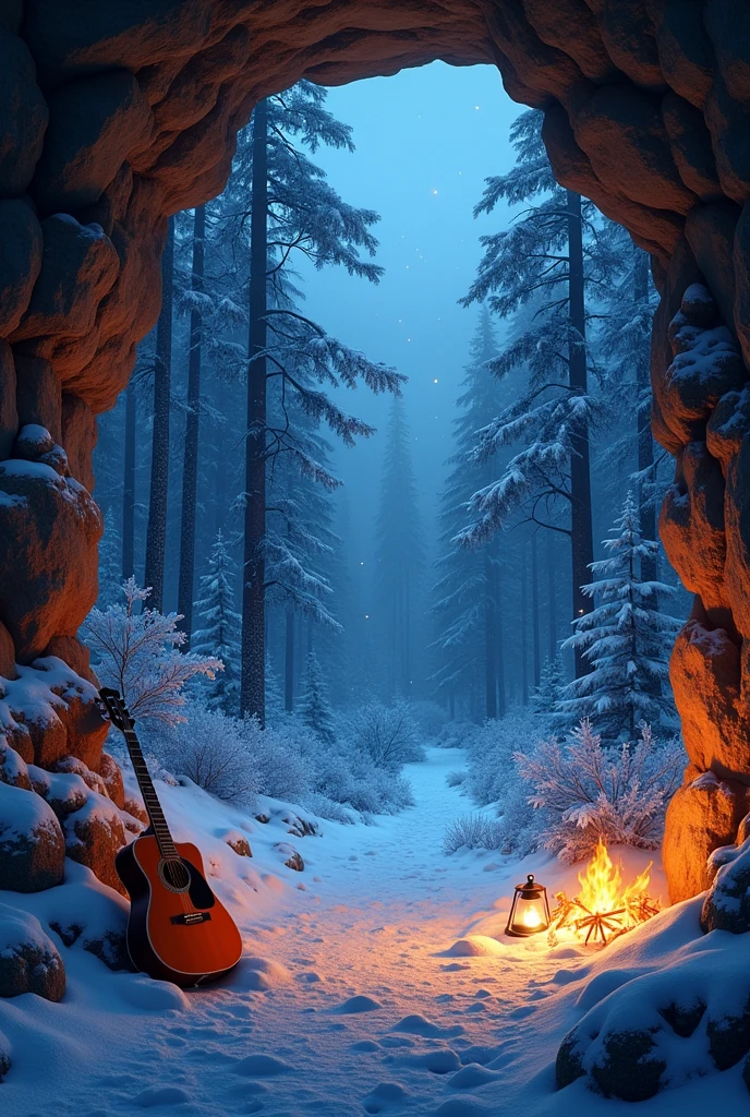 The image depicts a serene yet mysterious scene viewed from within a cozy cave. The cave itself appears rugged and natural, with rough stone walls that frame the view outside. The entrance of the cave opens up to a mesmerizing winter forest, blanketed in snow. Tall, dark trees with snow-covered branches stand silently under a deep blue night sky, creating an almost ethereal atmosphere.
Inside the cave, a warm and inviting fire crackles on the ground, casting a soft orange glow that contrasts with the cool blue tones of the outside world. The firelight flickers, illuminating the nearby objects—a guitar rests against a rock, suggesting the presence of a traveler or a musician taking refuge here. A few lanterns are scattered around, adding to the warm ambiance and providing additional light.
The forest outside is enchanting, with snow gently falling and covering the landscape, while the dense trees create a sense of depth and mystery. The scene is calm yet carries an underlying tension, as if something might emerge from the shadows of the trees. The overall composition of the image combines warmth and cold, safety and the unknown, creating a captivating and immersive environment.