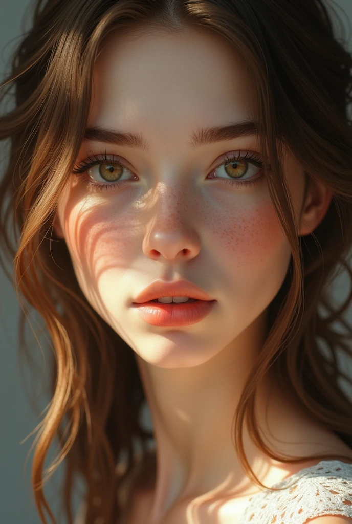 A girl , brown eyes almost green , Brown hair , White skin , beautiful , with a couple of freckles , straight hair , beautiful
