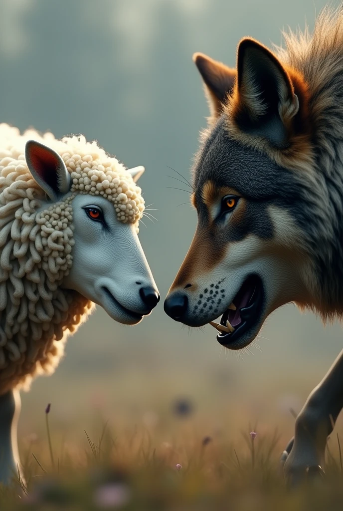 A sheep in the sheep face the wolf face appear 