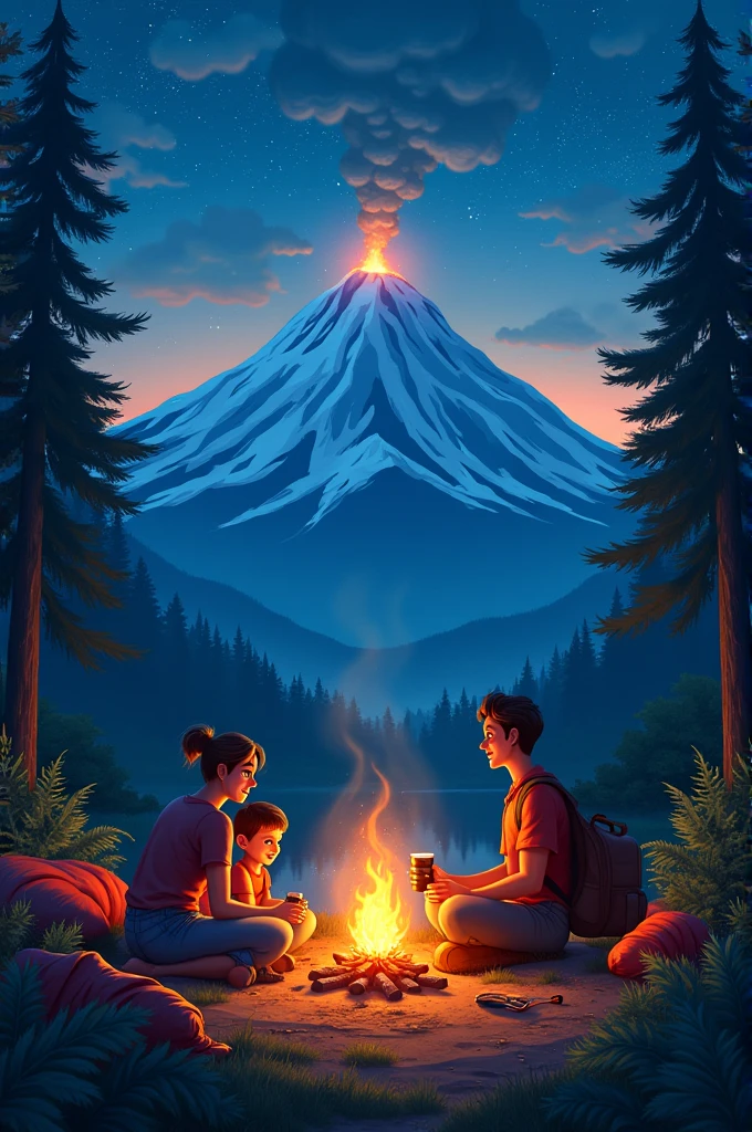 A family camping near a volcano