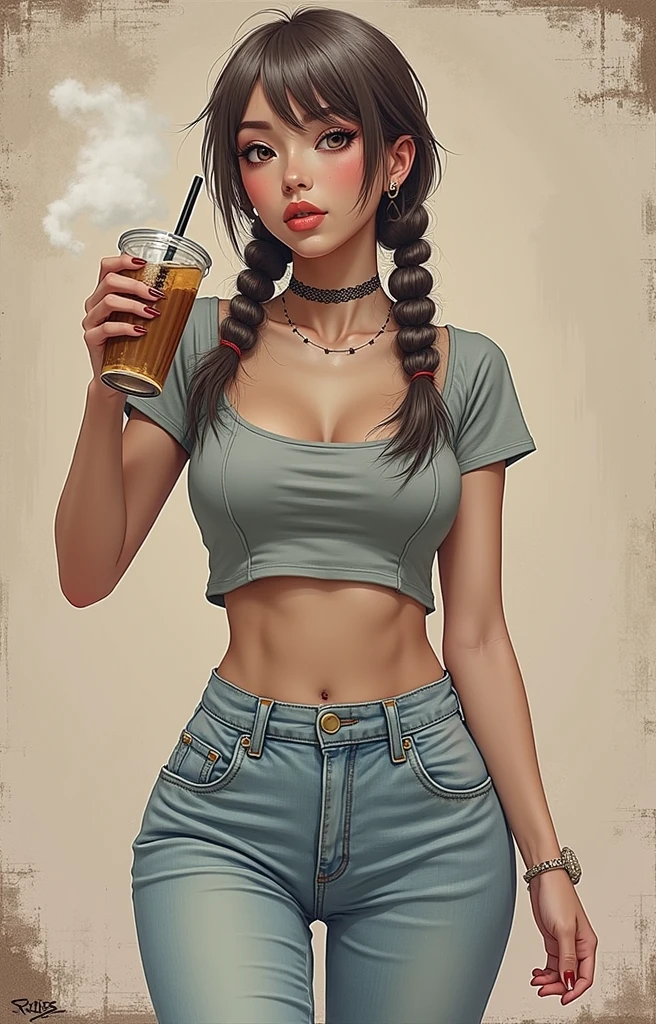 brunette model holding her iced coffee, with loose bubble pigtails, in the subway in NYC, detailed face, detailed body, realistic, attractive young woman, perfect figure, full shot, NYC fashion 