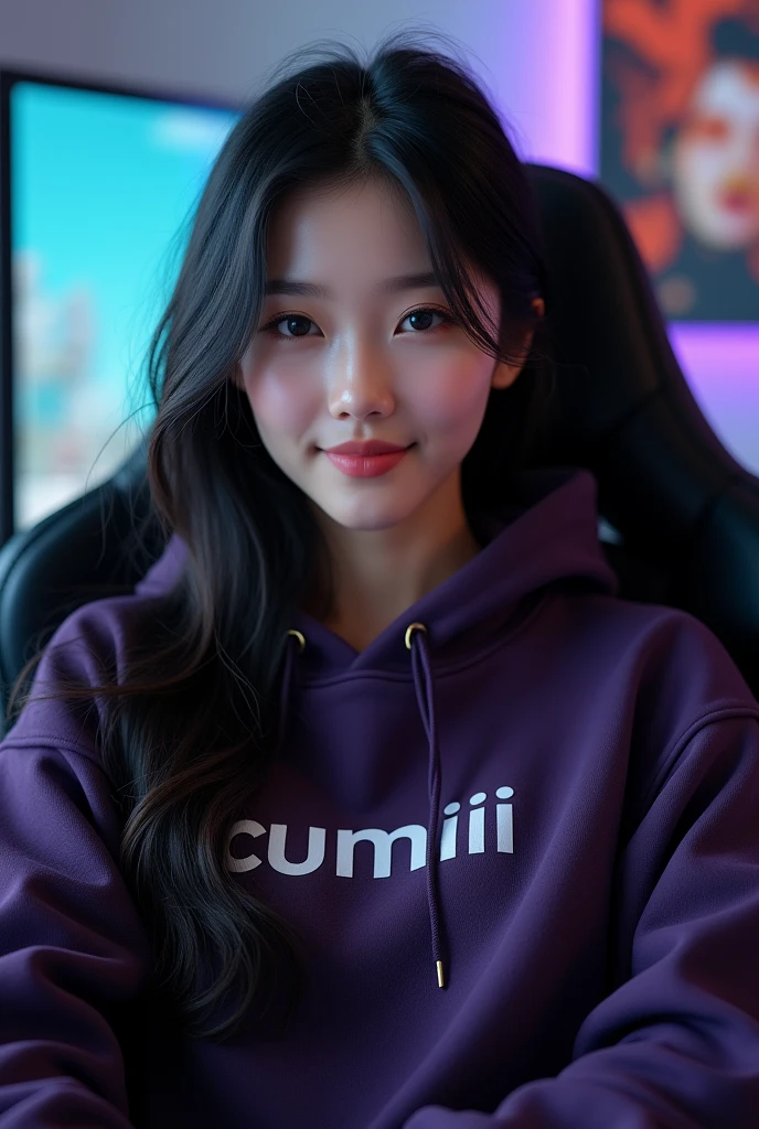 A beautiful white Korean girl sitting on a gaming chair wearing a dark purple polite hoddie with a name on the hoddie " cumiii "