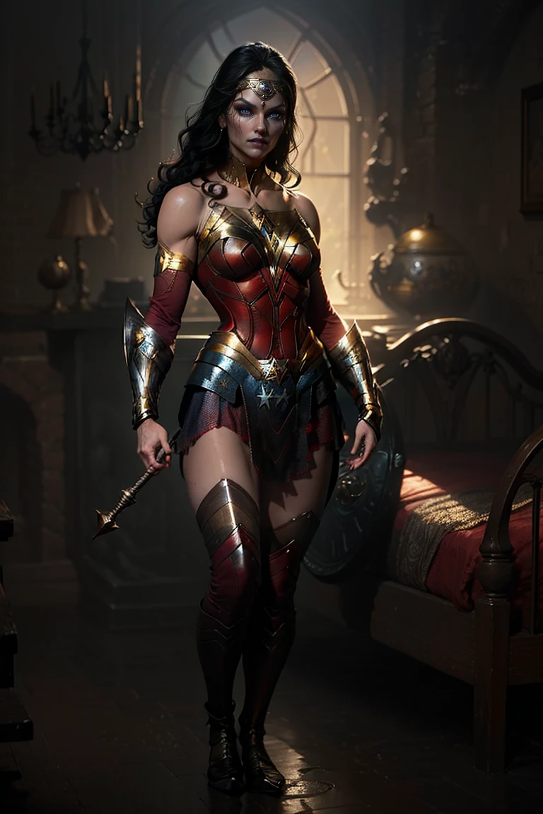 Create a vivid, warm-colored HQ-style image of Wonder Woman in her bedroom at night. The scene should depict WONDER WOMAN in a full-body view, wearing a white baby-doll dress, lying on her bed with her legs slightly apart, and smiling seductively at the camera. The image should be in 4K with high detail to capture both her expression and the full-body view. Use vibrant and warm colors to create a striking and impactful look, enhancing the scene with dramatic lighting and shadows that highlight Mikasa’s features and the ambiance of the room.