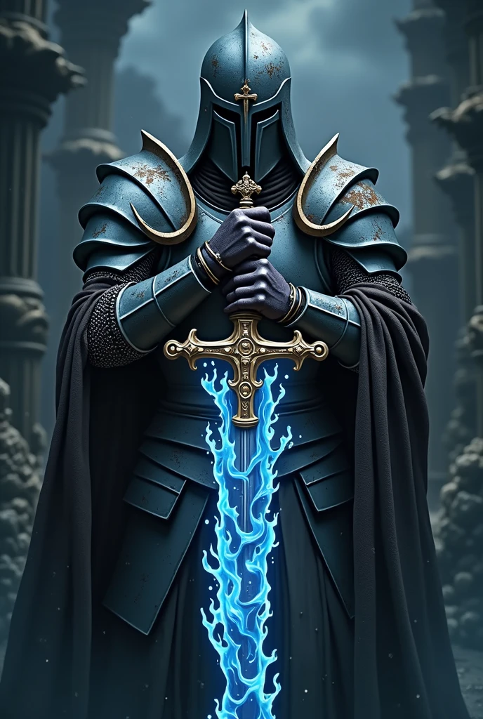 The image features a formidable knight clad in dark, weathered armor, emanating an aura of power and mystery. His face is hidden behind a rugged, metallic helmet with a narrow visor, revealing only a glimpse of his steely gaze. Atop his helmet, a small but distinct cross is etched into the metal, symbolizing his unwavering faith and dedication. The knight stands tall and resolute, gripping an intricately designed sword. The blade of the sword is enveloped in vivid blue flames, casting a cold, ethereal light. A golden cross is emblazoned on the blade, glowing brilliantly amidst the blue fire, signifying a divine power guiding his every strike. The surrounding darkness further accentuates the knight's commanding presence, portraying him as a relentless warrior, driven by both unyielding spirit and a sacred mission.