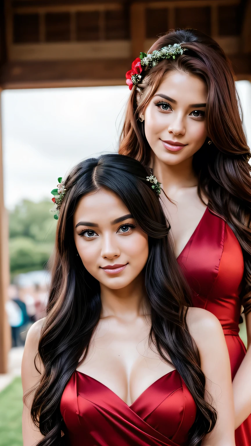 Realistic full body photo of two smiling, Young black-haired and red-haired girls with long hair, They dance in front of the camera in a long A-line bridesmaid dress with straps made of shiny red and green satin., Park,glamour fotoshooting, Wedding celebration, perfect anatomy, perfect brown eyes. Perfect hands with 5 fingers on each hand, Matching girl, look into the camera, 2 woman. (Eye make up:1.1), (highly detailed skin:1.1), spirit, analog style, keen focus, 8K UHD, dslr, good quality, Fujifilm XT3, Grain, Award-winning, masterpiece. Wedding celebration