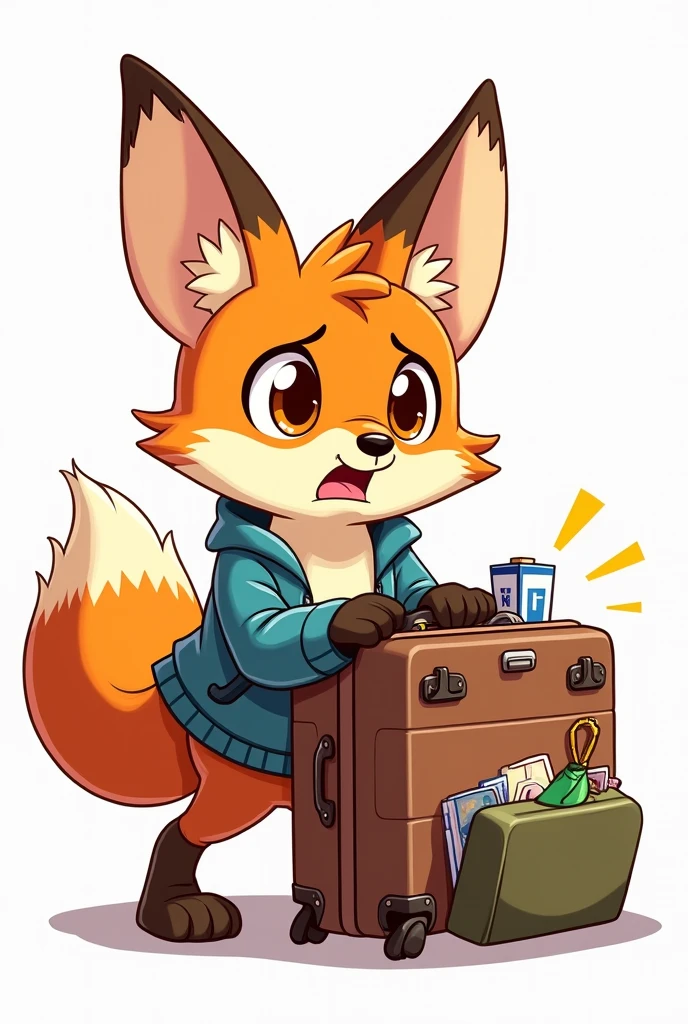Male young fox as a cartoon character with brown eyes packs his suitcase and can not close it, without background 