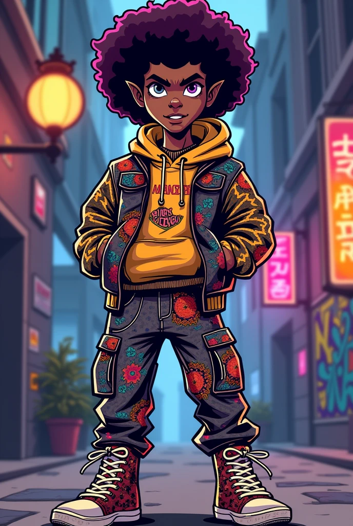 Create a redesign for Clawd Wolf [Monster High] using streetwear style mixed with Afro Brazilian style [Cartoon Style]