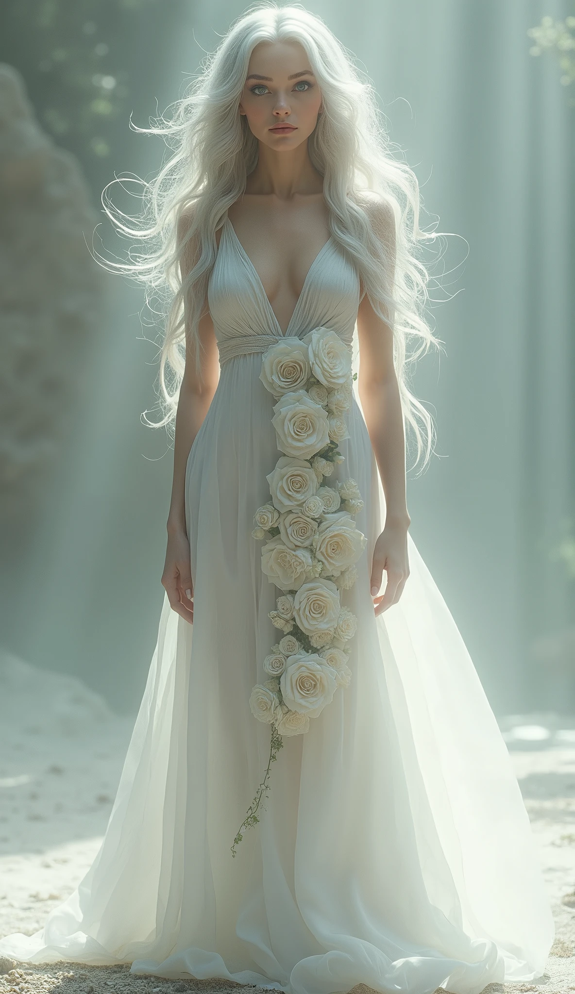  Full length full body shot of an Ethereal gorgeous goddess like entity.::5 With beautiful platinum/silver wavy flowing hair and hazel green eyes::5 Perfectly symmetrical human anatomy. ::5 Wearing a white flowing dress withgorgeous intricate detailed roses going down one side ::5 full frame, happycore, centered. Unreal engine, hyper realistic