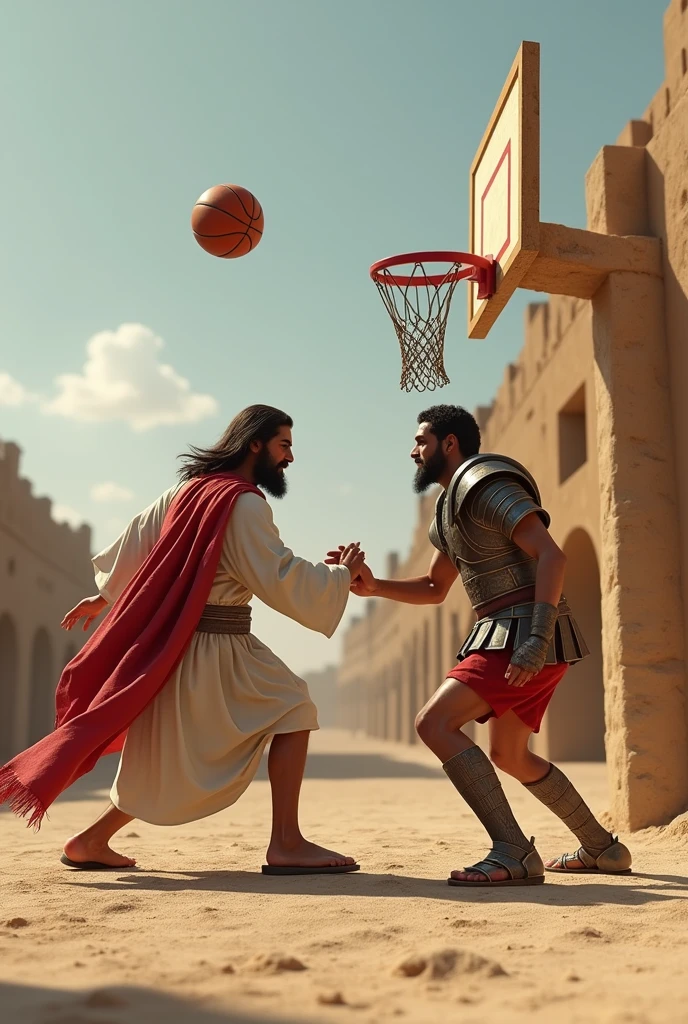 Create Jesus Christ playing a basketball game with a Roman soldier