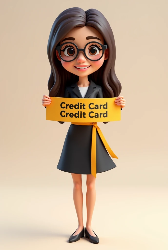 A full body 3D cartoon character. She has a friendly, charismatic appearance and smiles. The character is a young woman with fair skin, straight dark brown hair, thick eyebrows, large brown eyes and wears glasses. His demeanor is cheerful. The character is dressed formally, wearing a black dress with a yellow sash at the waist.
She is holding a banner with credit card names on it. The background of the image is neutral, which highlights the character even more.