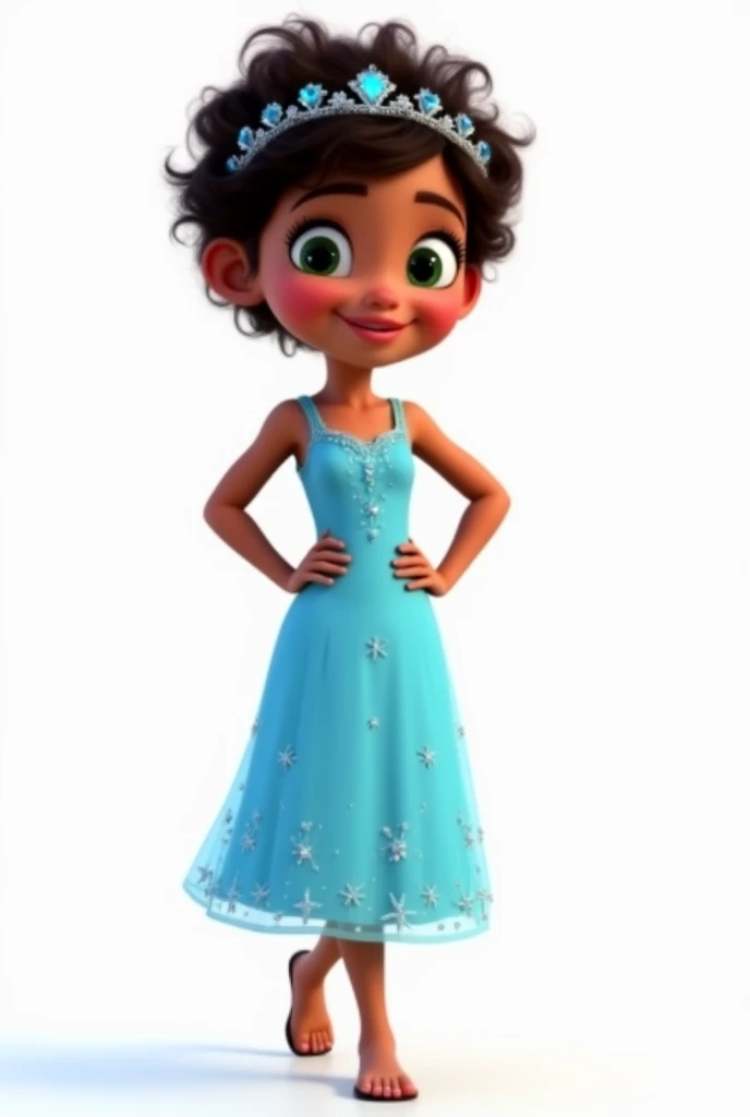 Create a high-definition 3D Pixar-style image (HD) and high quality, with bright colors and well-defined lines. The image must include:A girl, Standing with hands on hips,dancing with brown skin with dark brown hair with lots of curls and very short, at ear level, she wears a crown of ice. leaf green eyes, happy and expressive. She is wearing a light blue dress with small shiny rhinestones., inspired by the character Elsa from the movie "frozen". A is smiling and looking at the camera, must appear full-length with hands on waist.
The image must have a white rendered background.