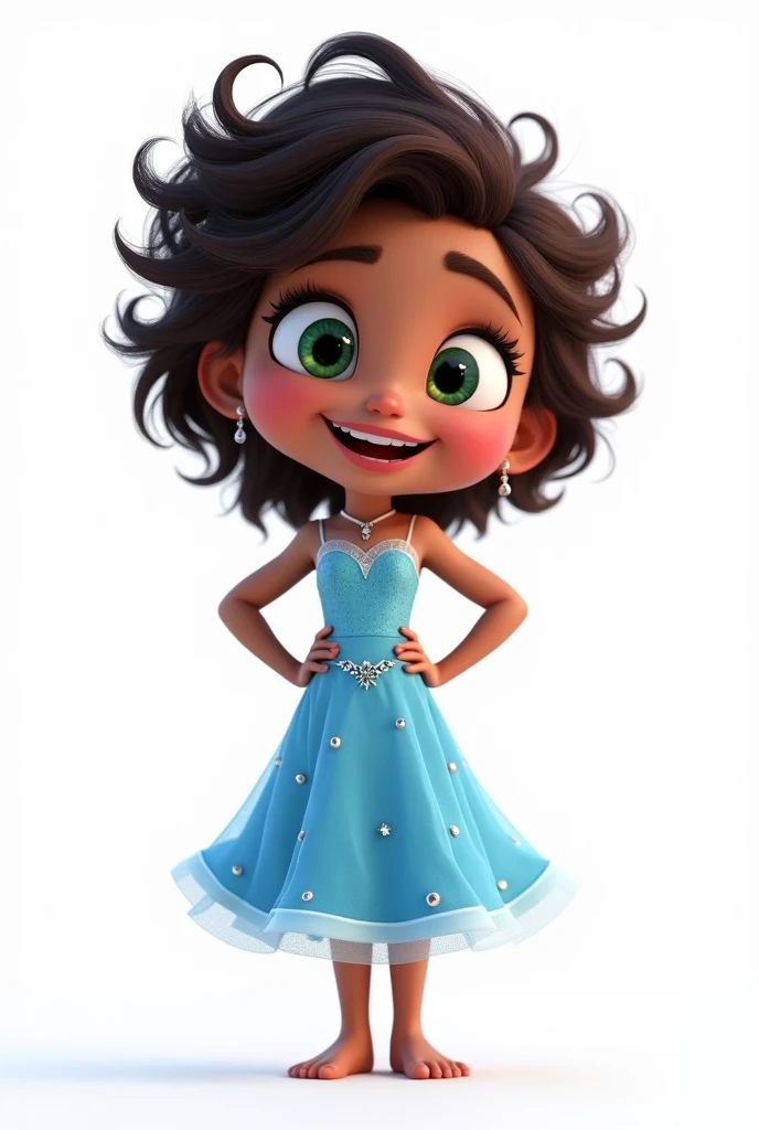 Create a high-definition 3D Pixar-style image (HD) and high quality, with bright colors and well-defined lines. The image must include:A girl, Standing with hands on hips,dancing with brown skin with dark brown hair with lots of curls and very short, at ear level, she wears a crown of ice. leaf green eyes, happy and expressive. She is wearing a light blue dress with small shiny rhinestones., inspired by the character Elsa from the movie "frozen". A is smiling and looking at the camera, must appear full-length with hands on waist.
The image must have a white rendered background.