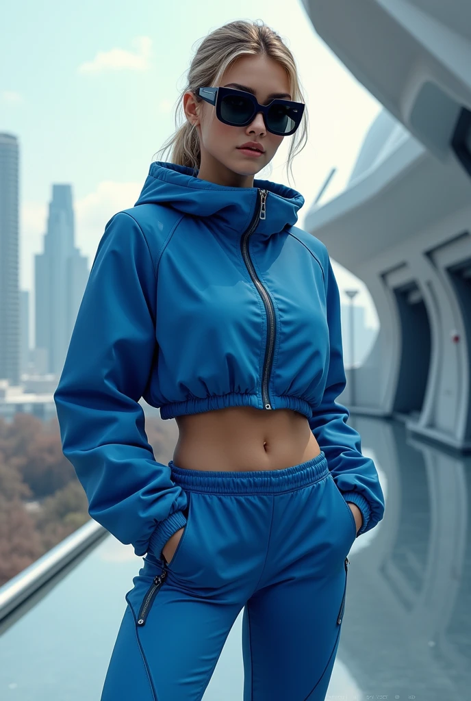 realistic woman with futuristic but casual blue clothes and futuristic black sunglasses
