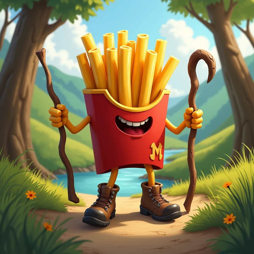 A portion of fries with arms and legs wearing hiking boots and a wooden stick.