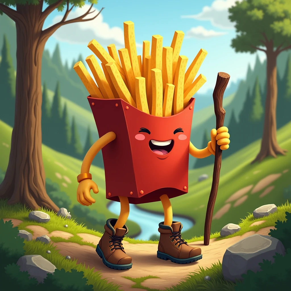 A portion of fries with arms and legs wearing hiking boots and a wooden stick.
