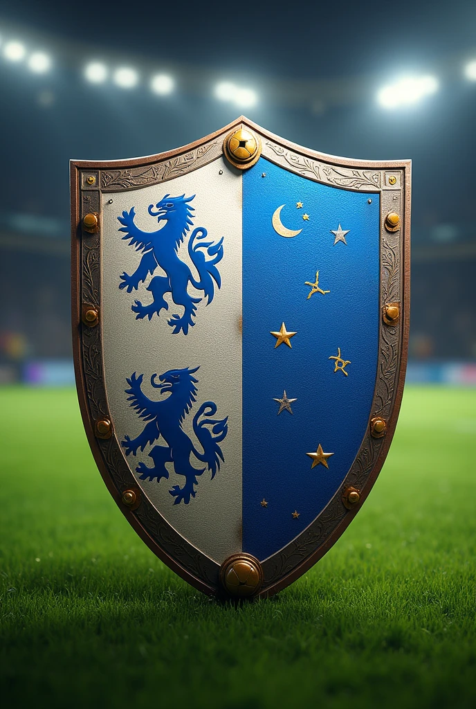 Create a soccer shield, that has the colors white and blue and represents wisdom and perseverance 
