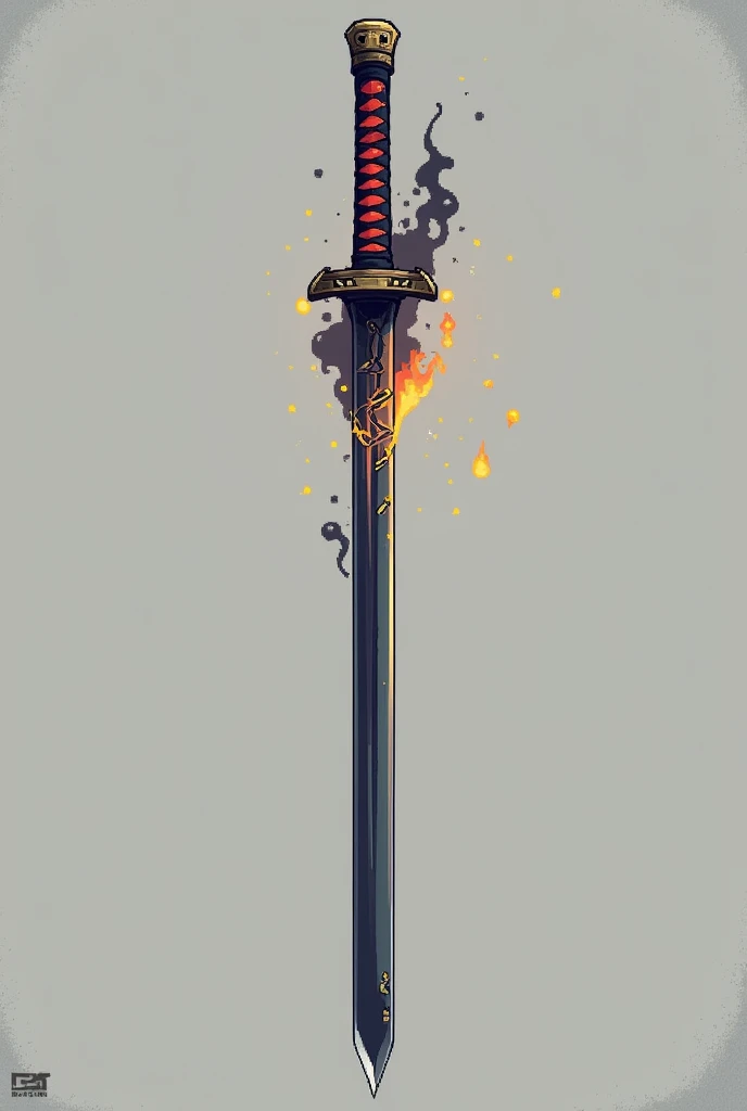 create a katana that has a same 2d graphics of ninja saga plain background with X axis position with black flames on blade and add some cracks on blade