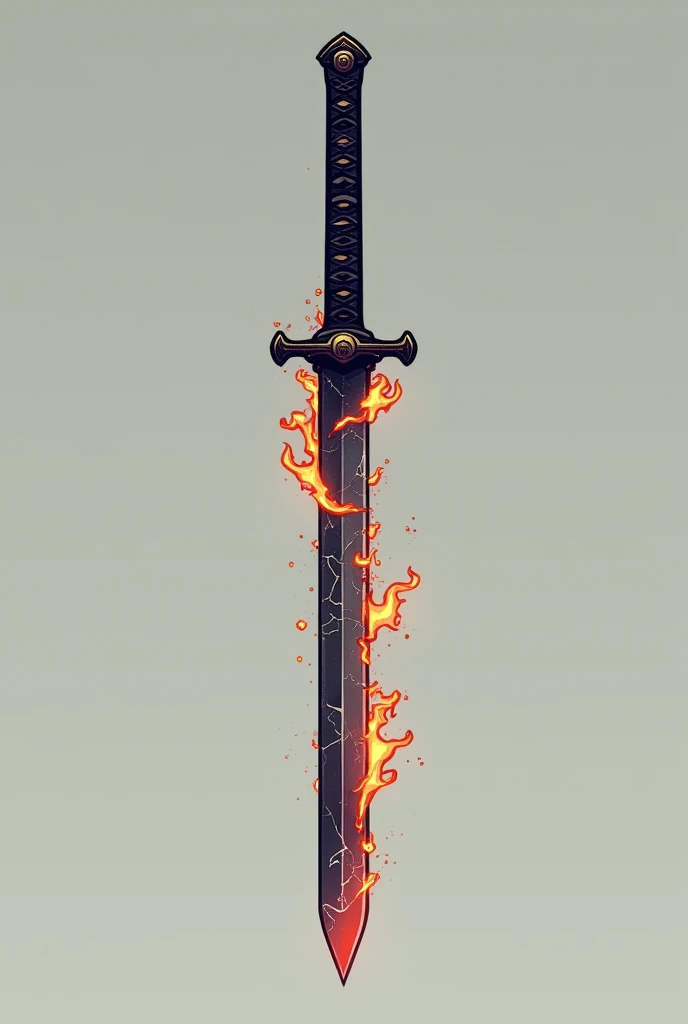 create a katana that has a same 2d graphics  of ninja saga plain background with X axis position with black flames on blade and add some cracks on blade
