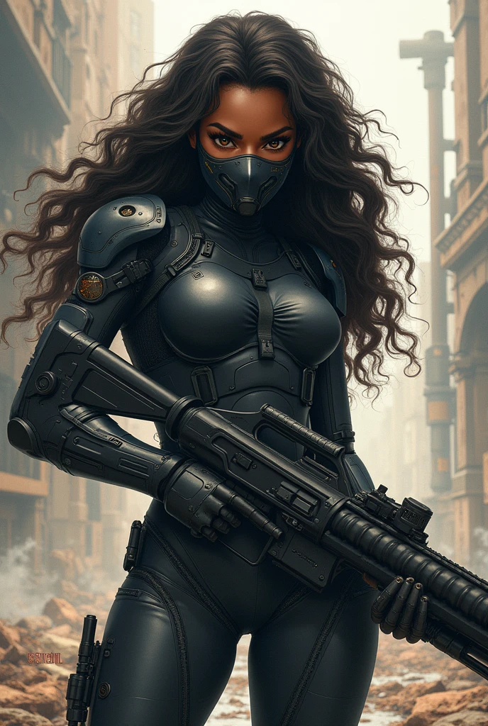 black girl, gorda, long curly hair, Cyberpunk mask and suit, Apocalypse, heavy artillery, black eyes, STEAMER, anime girl, kawaii, drawing