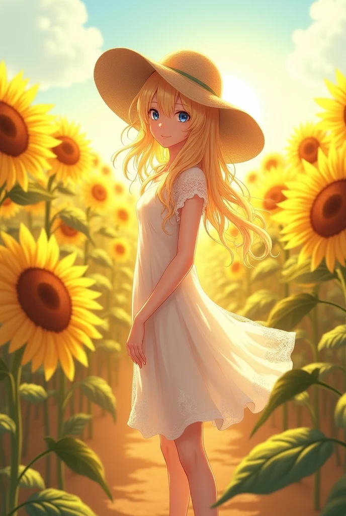 Fuwa Aika,1fille blonde, blue eyes, bare, (white lace dress:1.2),robe fluide (chapeau pare-soleil:1.2), Champ de tournesol, sous le soleil, slight smile,regarder le spectateur, vent, vibrant, Strong light and shadow,vibrant pose,
