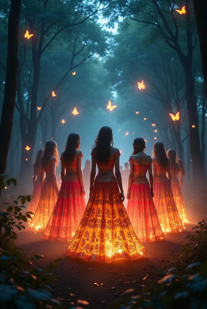 Forest scene background at midnight
Seven lehengas in seven different designs
All lehengas are burning in fire
Jonaki are flying around and also glowing butterfly