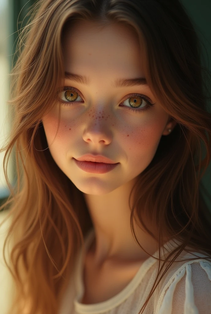 A girl , brown eyes almost green , Brown hair , White skin , beautiful , with a couple of freckles , straight hair , beautiful